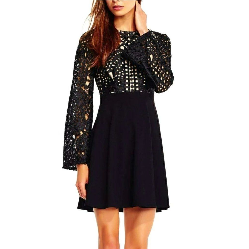 Aidan Mattox Lace Crepe Cocktail Dress Fit & Flare Long Bell Sleeves Black 10
